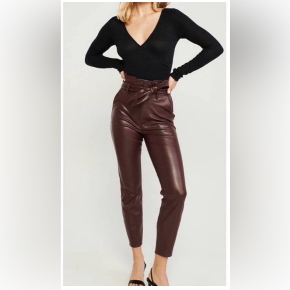Abercrombie & Fitch Faux Leather High Rise Paperbag Pants Brown /Burgundy